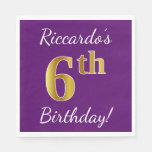 [ Thumbnail: Purple, Faux Gold 6th Birthday + Custom Name Napkin ]