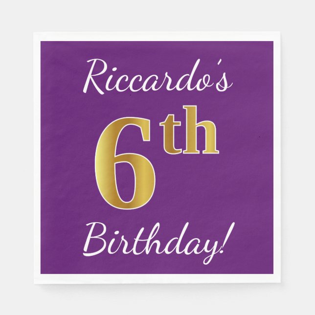 Purple, Faux Gold 6th Birthday + Custom Name Napkins (Front)