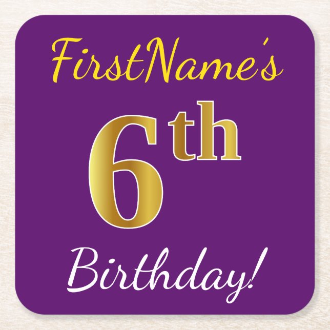 Purple, Faux Gold 6th Birthday + Custom Name Square Paper Coaster (Front)