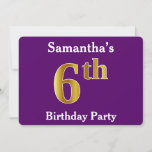[ Thumbnail: Purple, Faux Gold 6th Birthday Party + Custom Name Invitation ]