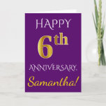 [ Thumbnail: Purple, Faux Gold 6th Wedding Anniversary + Name Card ]