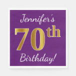 [ Thumbnail: Purple, Faux Gold 70th Birthday + Custom Name Napkins ]