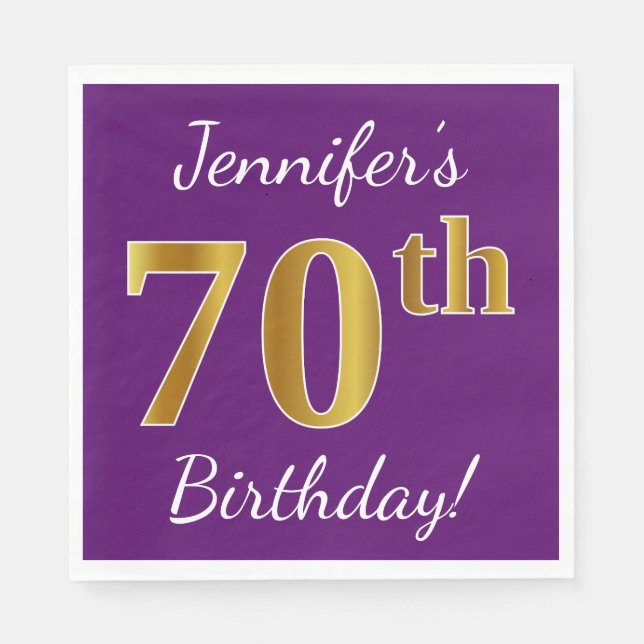 Purple, Faux Gold 70th Birthday + Custom Name Napkins (Front)