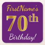 [ Thumbnail: Purple, Faux Gold 70th Birthday + Custom Name Paper Coaster ]
