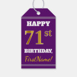 [ Thumbnail: Purple, Faux Gold 71st Birthday + Custom Name Gift Tags ]