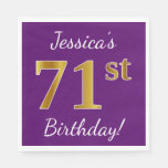[ Thumbnail: Purple, Faux Gold 71st Birthday + Custom Name Paper Napkin ]