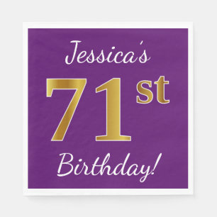 Purple, Faux Gold 71st Birthday + Custom Name Paper Napkins
