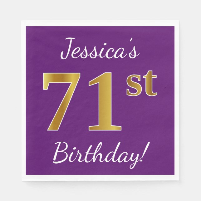 Purple, Faux Gold 71st Birthday + Custom Name Paper Napkins (Front)