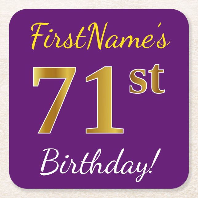 Purple, Faux Gold 71st Birthday + Custom Name Square Paper Coaster (Front)