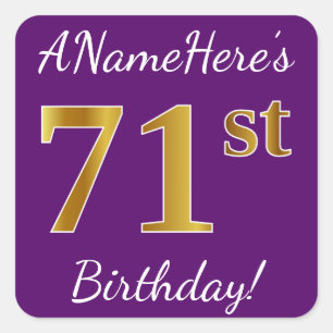 Purple, Faux Gold 71st Birthday + Custom Name Square Sticker