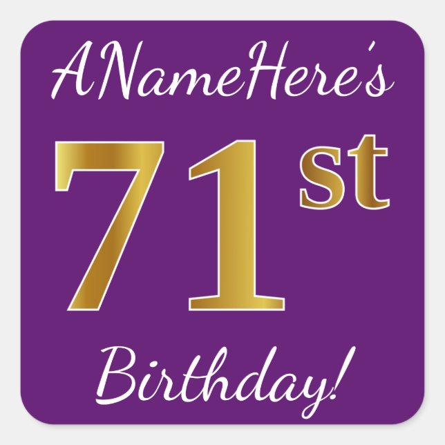 Purple, Faux Gold 71st Birthday + Custom Name Square Sticker (Front)