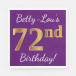 [ Thumbnail: Purple, Faux Gold 72nd Birthday + Custom Name Napkins ]