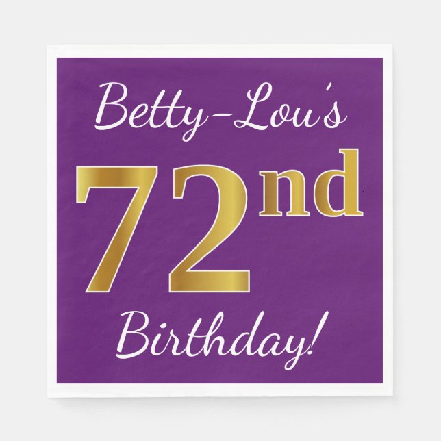 Purple, Faux Gold 72nd Birthday + Custom Name Napkins (Front)