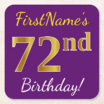 [ Thumbnail: Purple, Faux Gold 72nd Birthday + Custom Name Paper Coaster ]
