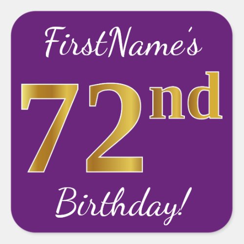Purple Faux Gold 72nd Birthday  Custom Name Square Sticker
