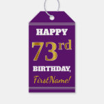 [ Thumbnail: Purple, Faux Gold 73rd Birthday + Custom Name Gift Tags ]