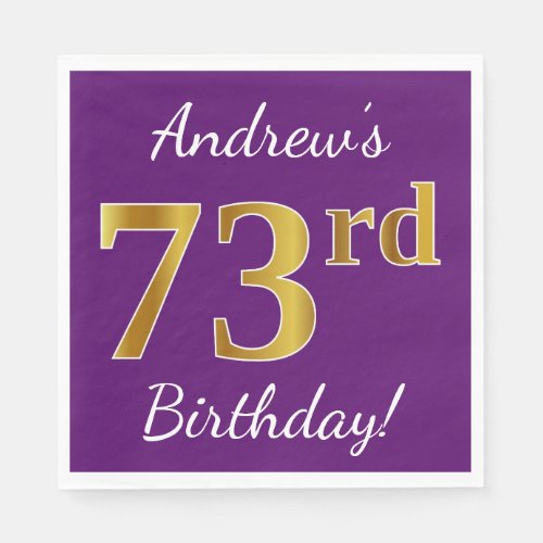 Purple Faux Gold 73rd Birthday  Custom Name Napkins