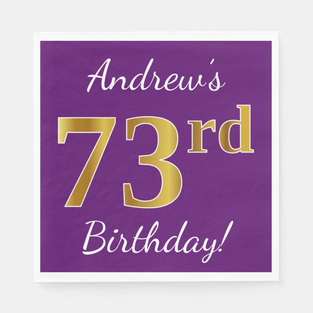 Purple, Faux Gold 73rd Birthday + Custom Name Napkins (Front)