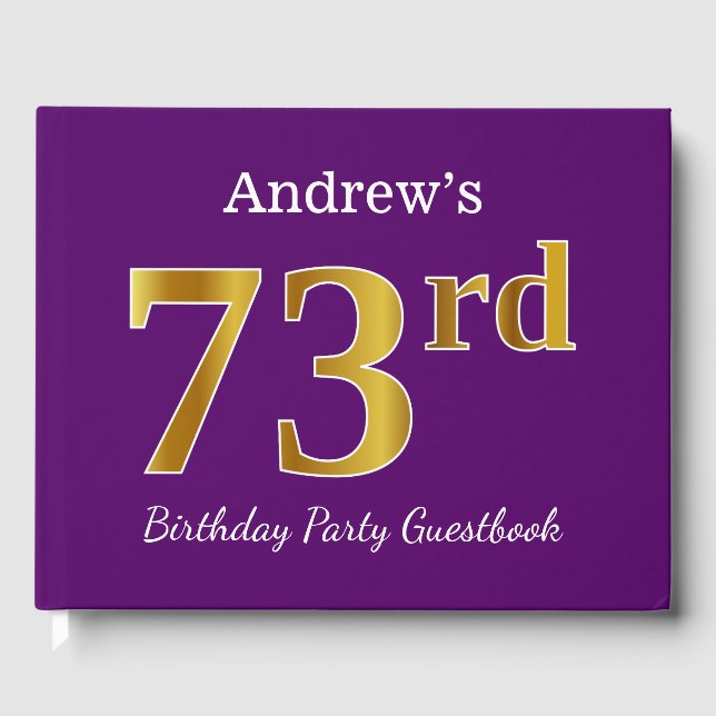 Purple, Faux Gold 73rd Birthday Party; Custom Name Guest Book (Front)