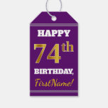 [ Thumbnail: Purple, Faux Gold 74th Birthday + Custom Name Gift Tags ]