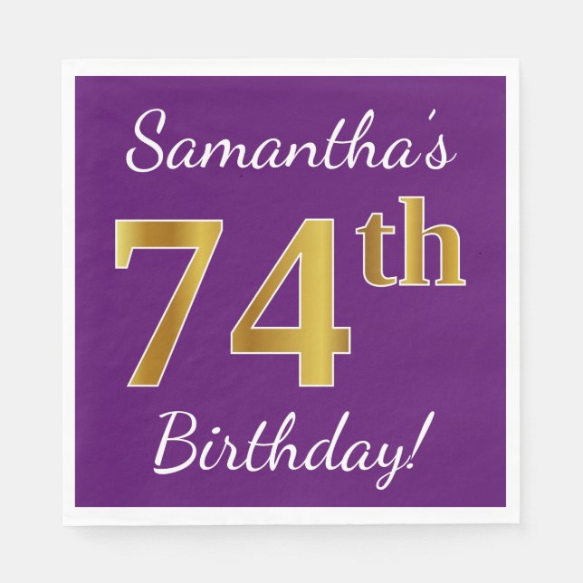 Purple, Faux Gold 74th Birthday + Custom Name Paper Napkins (Front)