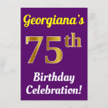 [ Thumbnail: Purple, Faux Gold 75th Birthday Celebration + Name Invitation ]