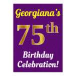 [ Thumbnail: Purple, Faux Gold 75th Birthday Celebration + Name Invitation ]