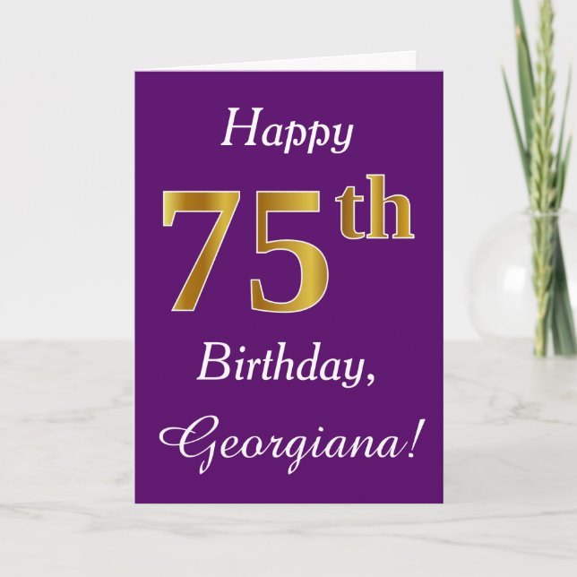 Purple, Faux Gold 75th Birthday + Custom Name Card (Front)