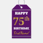[ Thumbnail: Purple, Faux Gold 75th Birthday + Custom Name Gift Tags ]