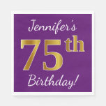 [ Thumbnail: Purple, Faux Gold 75th Birthday + Custom Name Napkins ]