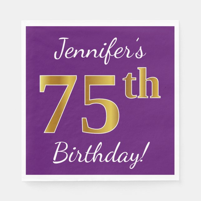Purple, Faux Gold 75th Birthday + Custom Name Paper Napkins (Front)