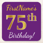 [ Thumbnail: Purple, Faux Gold 75th Birthday + Custom Name Paper Coaster ]