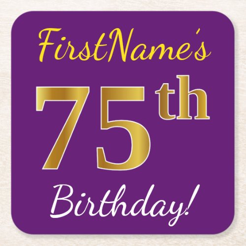 Purple Faux Gold 75th Birthday  Custom Name Square Paper Coaster