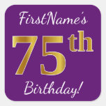[ Thumbnail: Purple, Faux Gold 75th Birthday + Custom Name Sticker ]
