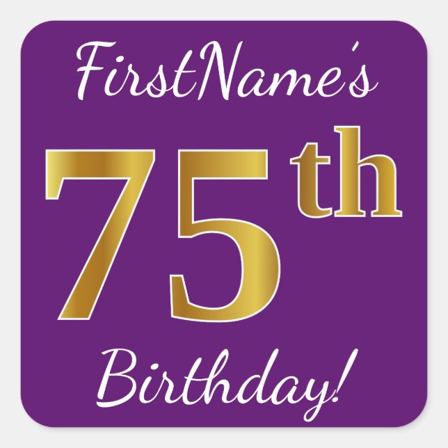 Purple, Faux Gold 75th Birthday + Custom Name Square Sticker (Front)