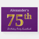 [ Thumbnail: Purple, Faux Gold 75th Birthday Party; Custom Name Guest Book ]
