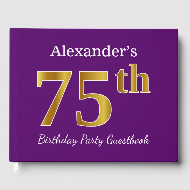 Purple, Faux Gold 75th Birthday Party; Custom Name Guest Book (Front)