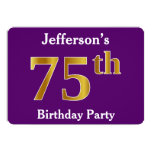 [ Thumbnail: Purple, Faux Gold 75th Birthday Party; Custom Name Invitation ]