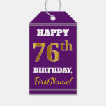 [ Thumbnail: Purple, Faux Gold 76th Birthday + Custom Name Gift Tags ]