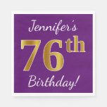 [ Thumbnail: Purple, Faux Gold 76th Birthday + Custom Name Napkins ]