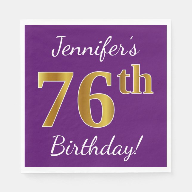 Purple, Faux Gold 76th Birthday + Custom Name Paper Napkins (Front)