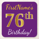 [ Thumbnail: Purple, Faux Gold 76th Birthday + Custom Name Paper Coaster ]