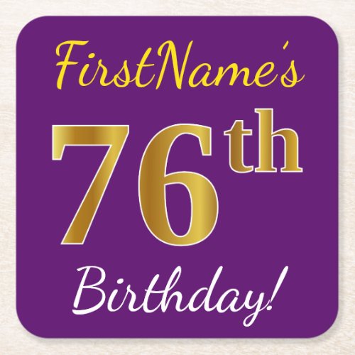 Purple Faux Gold 76th Birthday  Custom Name Square Paper Coaster