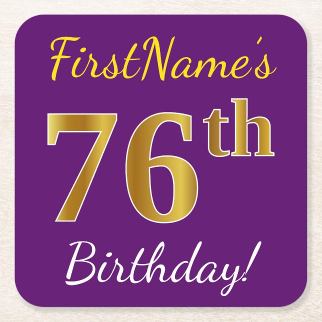 Purple, Faux Gold 76th Birthday + Custom Name Square Paper Coaster (Front)