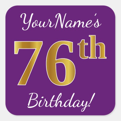 Purple Faux Gold 76th Birthday  Custom Name Square Sticker