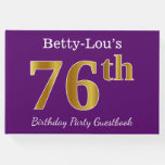 [ Thumbnail: Purple, Faux Gold 76th Birthday Party; Custom Name Guest Book ]