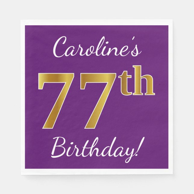 Purple, Faux Gold 77th Birthday + Custom Name Paper Napkins (Front)