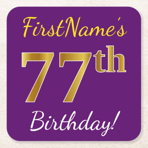 Purple Faux Gold 77th Birthday  Custom Name Square Paper Coaster