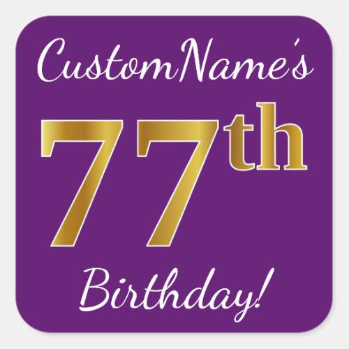Purple Faux Gold 77th Birthday  Custom Name Square Sticker