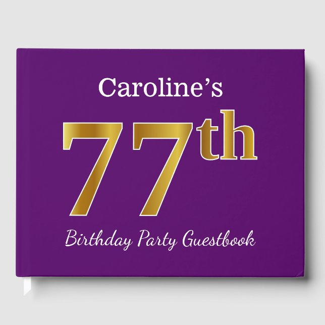Purple, Faux Gold 77th Birthday Party; Custom Name Guest Book (Front)